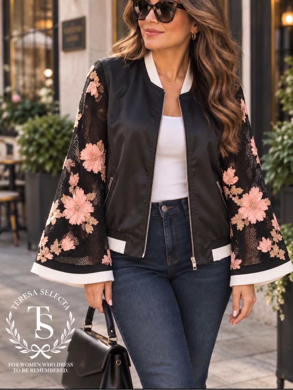 AMT Statement Bomber Jacket Black Sheer Mesh 3D Ribbon Floral Embroidery Size S